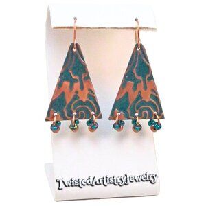 Teal Enameled Copper Triangle Chandelier Earrings